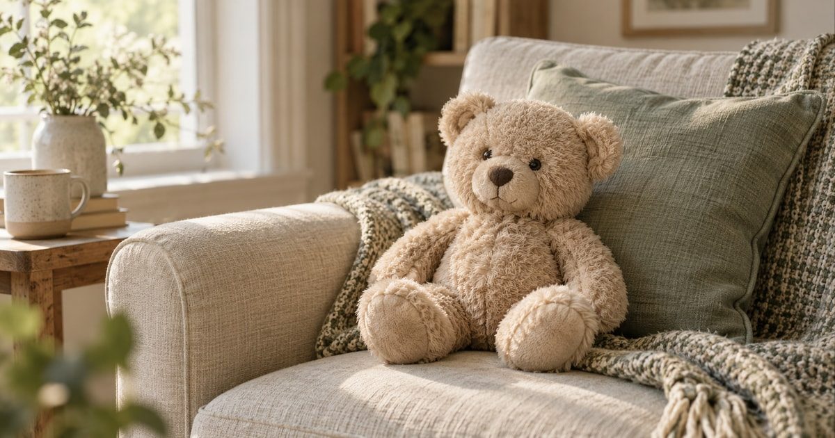 Imagen editorial generada con IA de un oso de peluche sobre un sillón de lino junto a una manta tejida.