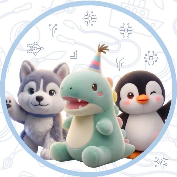 Ilustración de tres peluches Nebu: husky, dinosaurio y pingüino.