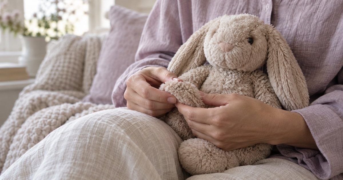 Imagen editorial generada con IA de unas manos adultas sosteniendo un conejo de peluche; no representa Purrble.